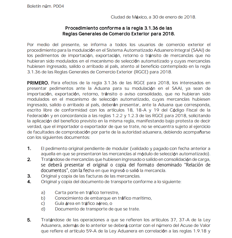 Procedimiento conforme a la regla 3.1.36 de las Reglas Generales de Comercio Exterior para 2018. 1